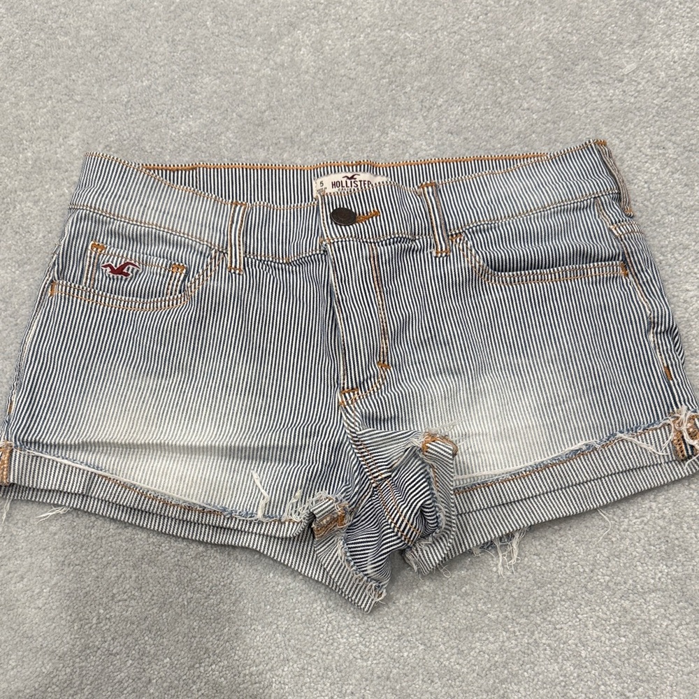 Hollister Blue and White Striped Jean Shorts